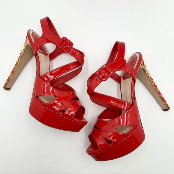 Dior Metal Cannage Strappy Peep Toe Heels Red Patent Leather - Picture 2 of 16